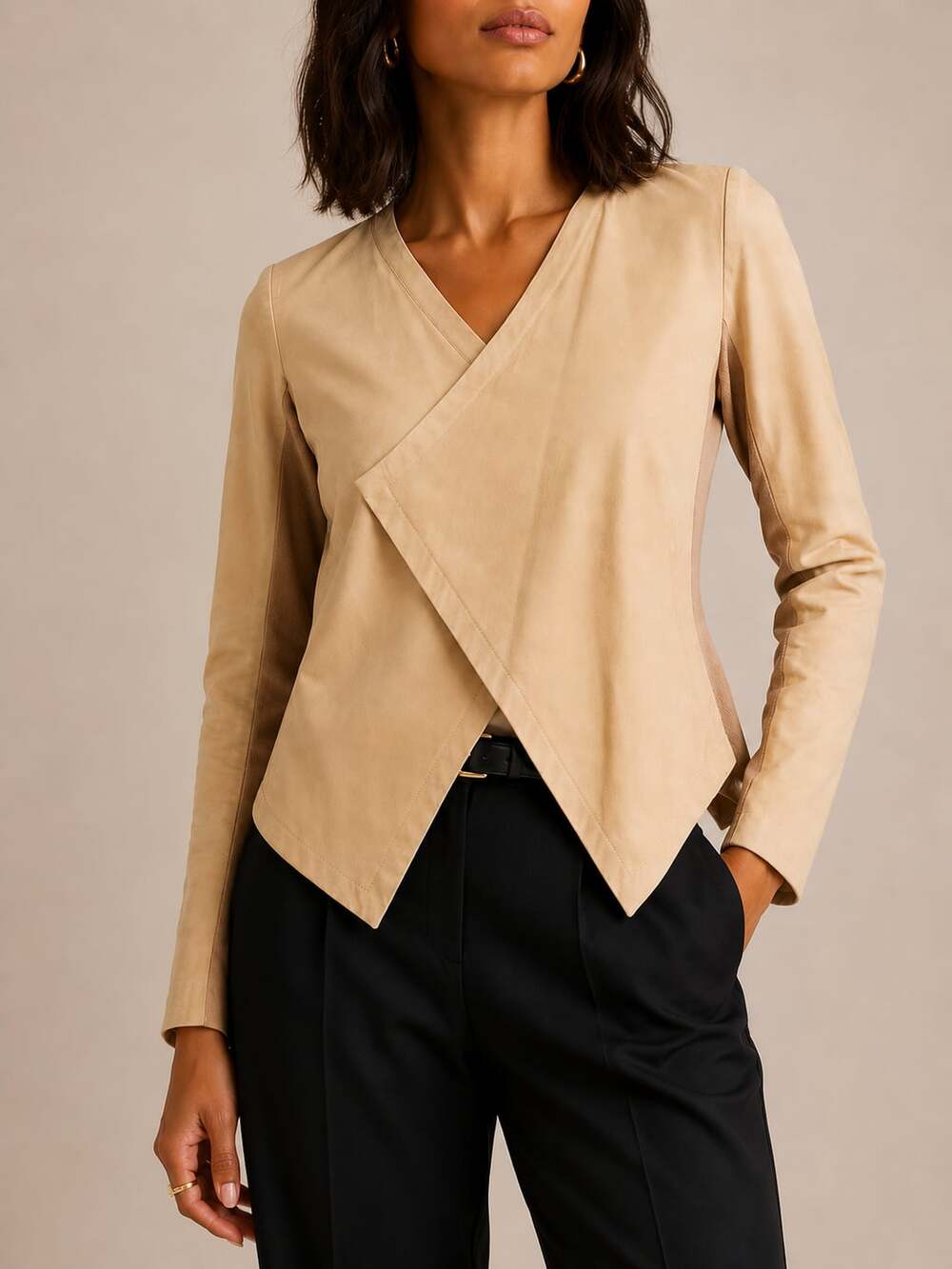 Halogen Women's Beige Leather Wrap Jacket, Size M